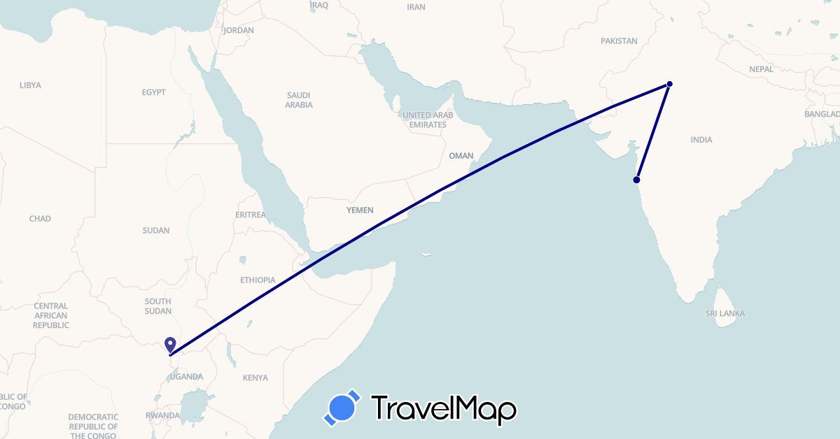 TravelMap itinerary: driving in Democratic Republic of the Congo, India (Africa, Asia)